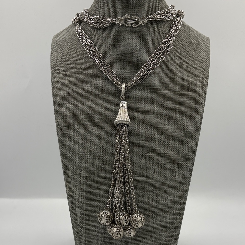 Triple Strand Vintage Silver Tassel Necklace